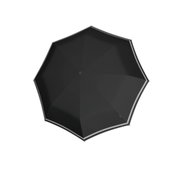 Reflective black octagonal umbrella with a medium-sized canopy. Made by the Knirps brand, known for their high-quality and durable rain umbrellas.