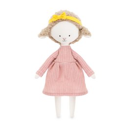 Soft, plush toy of a sheep named Zoe, with a pink dress and a yellow hat.