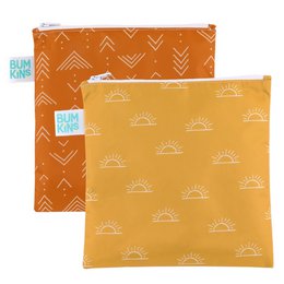 Reusable snack bags, orange yellow, geometric sunrise pattern, washable fabric, eco-friendly food storage.