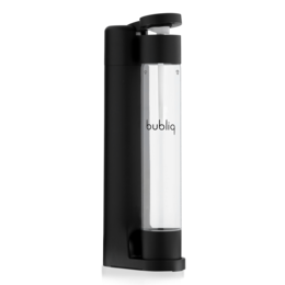 Matte black carbonator with sleek, modern design for making carbonated drinks at home.