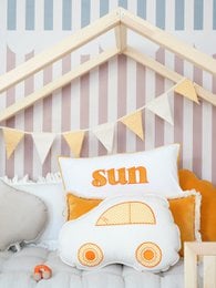 Honey checkered decorative garland, yellow and white striped bunting flags, kids room decor