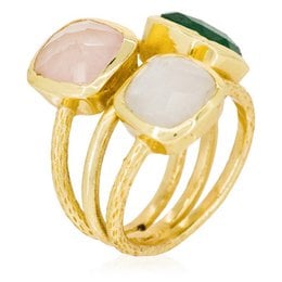 This gold-toned ring features a combination of aventurine and rose quartz stones in a stacked design, creating a stylish and elegant accessory.