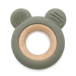 Soft, olive-colored bear-shaped wooden and silicone teether with textured surfaces for baby's soothing oral exploration.