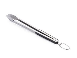 Long stainless steel barbecue tongs with a sturdy grip and a hanging loop for easy storage.