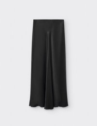 A black satin midi skirt with a flared silhouette and available in sizes 34, 36, 38, 40, and 42.