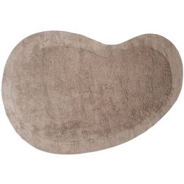  Taupe-colored, washable floor rug in a kidney shape, suitable for use in a child's room.