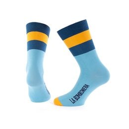 Colorful striped socks in blue, yellow, and turquoise. The socks appear to be made of a soft, stretchy material and have a comfortable, athletic fit.