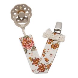 Pacifier holder with floral BOHO FLOPI Rose design, featuring a soft, fabric strap and a decorative pacifier clip.