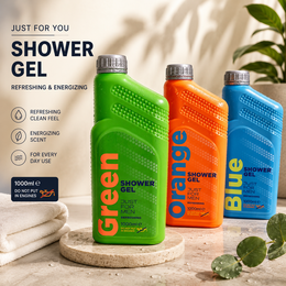 Neon bright shower gel bottles in green, orange, yellow, blue colors with bold typography for men's grooming.