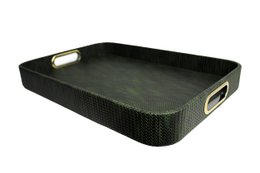 Rectangular black serving tray with stainless steel handles and crocodile-embossed texture.