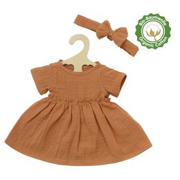  A caramel-colored organic cotton doll dress with ruffles and a matching hairband, suitable for dolls 35-45cm in size.