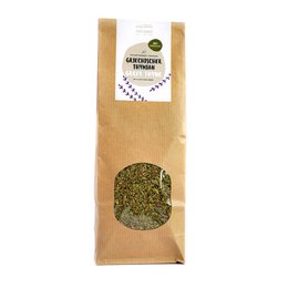 Organic dried thyme, 100 grams. Aromatic herb with earthy, minty flavor. Suitable for seasoning meats, vegetables, and sauces.