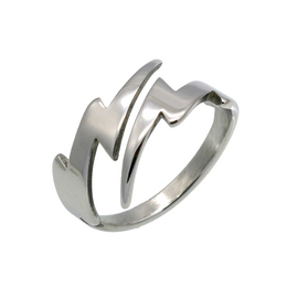 A bold, statement ring featuring a lightning bolt design in a sleek, silver-toned metal. The ring has a modern, edgy style and is available in sizes US 7 through US 12.