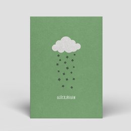  A green postcard with a white cloud and rain drops, featuring the text "Glückskarte" (Good Luck Card) in a minimalist design.