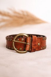  Brown leather belt wide studded studs gold buckle cognac tan