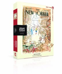 A 1000-piece jigsaw puzzle featuring a whimsical illustration of a bicycle shop on the cover of The New Yorker magazine. The puzzle depicts various bicycles, tools, and other shop-related elements in a colorful, vintage-inspired style.