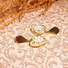 Delicate heart and floral earrings in transparent white gold tones, featuring intricate designs and a touch of elegance.