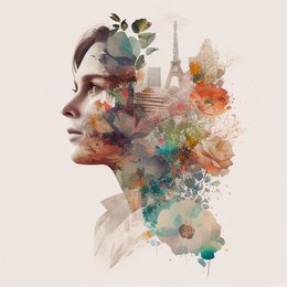 Colorful abstract poster featuring a woman's profile with the Eiffel Tower in the background. The poster showcases a variety of colors, shapes, and textures, creating a visually striking and artistic representation.