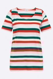Multicolored striped women's t-shirt with short sleeves.