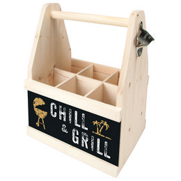 Wooden beer caddy with compartments for holding bottles and cans. Features a "Chill & Grill" design on the front.