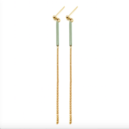 Elegant drop earrings with a variety of vibrant colors including black, peach, mustard, deep blue, turquoise, amande, ocre, and pétrole. The earrings feature a long, delicate chain with a small accent bead at the end.