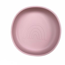 Round, pastel-colored silicone plate for kids. Made of soft, durable silicone material. Features a rainbow design embossed on the surface.