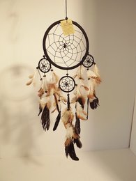 A round, black dreamcatcher with intricate woven patterns and hanging feathers, measuring 16 cm in diameter. Suitable for decorative purposes.