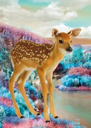 A colorful poster featuring a young deer, or fawn, standing in a vibrant, fantastical landscape with a lake and colorful foliage in the background.