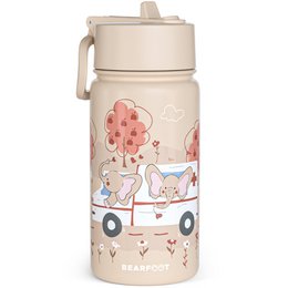 Stainless steel children's drinking bottle with ambulance design and brown color. Features a floral pattern and cartoon animals on the bottle.
