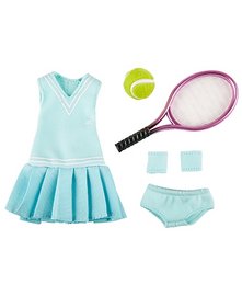 Mint green tennis dress with pleated skirt, tennis racket, and tennis ball. Suitable for kids' tennis practice.