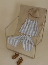  "Kids striped top and pants set, blue white vertical stripes, casual summer style, toddler clothing"