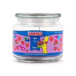  This scented candle is a Haribo Berry Mix with a blend of berry fragrances including strawberry, raspberry, and apple. The candle is packaged in a glass jar with a colorful label featuring the Haribo brand character.