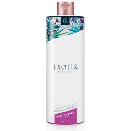 Exotiq - Body To Body Warming Massage Oil - 500 ml. This warming massage oil is designed for intimate body-to-body massage. The oil has a floral and tropical scent and comes in a 500 ml bottle with a decorative floral design.