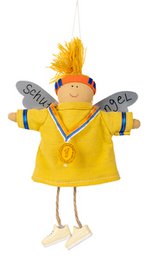  A yellow plush figure of an angel wearing a sports jersey and holding a gold medal. The figure has a mohawk-style hairstyle.