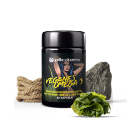 Vegan omega-3 supplement in a black bottle with a green leaf and rope on a white background. The product is designed to provide essential fatty acids for a plant-based diet.