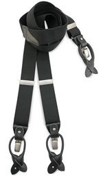 Black suspenders with adjustable clips and leather accents.