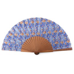  Colorful hand fan made of 100% silk and natural wood, featuring a vibrant floral pattern in shades of blue and orange.