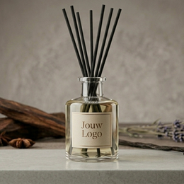  Amber glass reed diffuser with black sticks, soft almond scent, natural wood and lavender styling.
