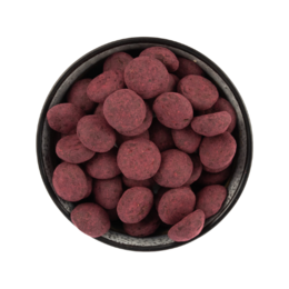  Dark red, round, bite-sized cookies with a spicy raspberry flavor.