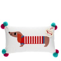 Embroidered cushion with pom poms - Sausage Dog
