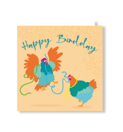  "Happy Birthday greeting card with colorful chickens, birds, and festive text on cream background"