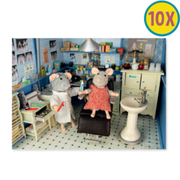  Vintage dentist office scene with dolls, medical furniture, retro aesthetic, nostalgic illustration postcard set.