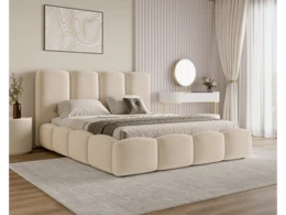  Beige velours upholstered bed 180x200 cm, two-person, storage underneath, quilted headboard, luxury design.