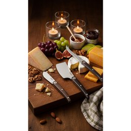  A set of 3 cheese knives with resinated wood handles, suitable for serving a variety of cheeses. The knives feature a classic Laguiole design and come in a gift box.