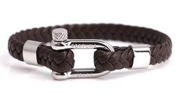 Brown braided leather bracelet with silver-tone clasp and nautical-inspired design.