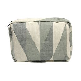 A rectangular toiletry bag with a geometric pattern in shades of gray and white. The bag has a zipper closure and appears to be made of a durable, textured material.