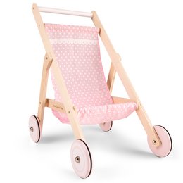 A wooden doll's pram with a pink patterned fabric seat and wooden frame and wheels.