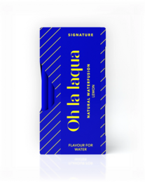 A blue and yellow soda bottle with the text "ZITRONE | NATURAL WATERFUSION ᛫ SIGNATURE" on the label. The bottle appears to be made of glass and has a sleek, modern design.