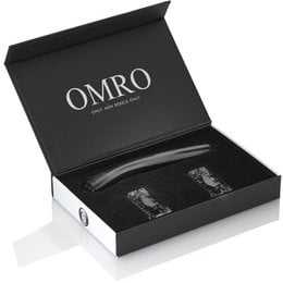 A sleek, black razor set with a 5-blade technology and a trimming blade, packaged in an elegant OMRO box.