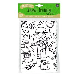 Colorful farm-themed tablecloth with various farm animals and objects depicted in a whimsical, hand-drawn style.